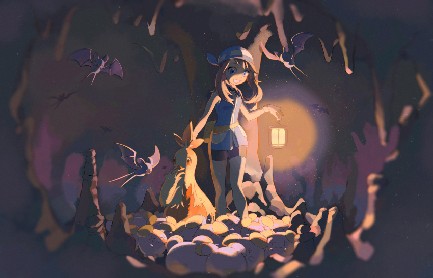1girl :d absurdres bandana bike_shorts blue_bandana blue_eyes blue_shirt blurry brown_hair cave_interior chinese_commentary combusken commentary_request fang gen_1_pokemon gen_3_pokemon highres holding holding_lantern lantern liangkou looking_down may_(pokemon) nintendo open_mouth pokemon pokemon_(creature) pokemon_adventures shirt sleeveless sleeveless_shirt smile stalactite stalagmite standing whismur zubat