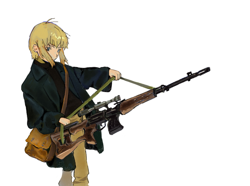 1girl ahoge bag black_jacket black_shirt blonde_hair blue_eyes brown_pants closed_mouth coat cououm dragunov_svd feet_out_of_frame gun gun_sling holding holding_gun holding_weapon jacket long_sleeves looking_at_viewer open_clothes open_jacket original pants rifle shirt short_hair sidelocks simple_background sniper_rifle solo standing weapon white_background