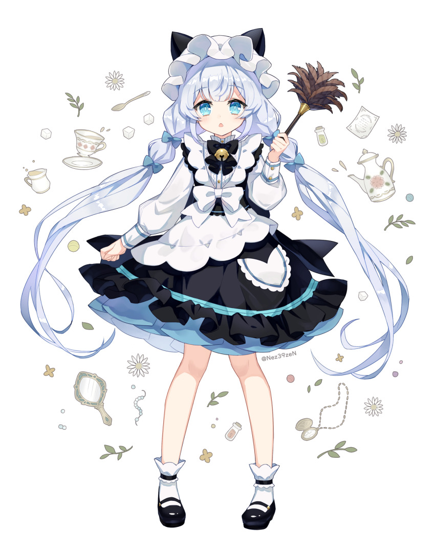 1girl black_footwear blue_bow blue_eyes blue_hair bow bright_pupils cup duster full_body hair_bow highres holding holding_duster looking_at_viewer low_twintails maid nez39 original parted_lips simple_background socks solo teacup teapot twintails twitter_username white_background white_pupils white_socks