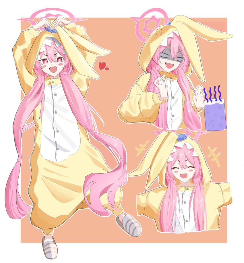 +_+ 1girl absurdres animal_costume blue_archive fang hair_between_eyes halo highres hood hood_up hooded_pajamas koyuki_(blue_archive) koyuki_(pajamas)_(blue_archive) leonardo_566 long_hair long_sleeves official_alternate_costume open_mouth pajamas pink_eyes pink_halo rabbit_costume rabbit_pajamas skin_fang slippers twintails very_long_hair yellow_pajamas