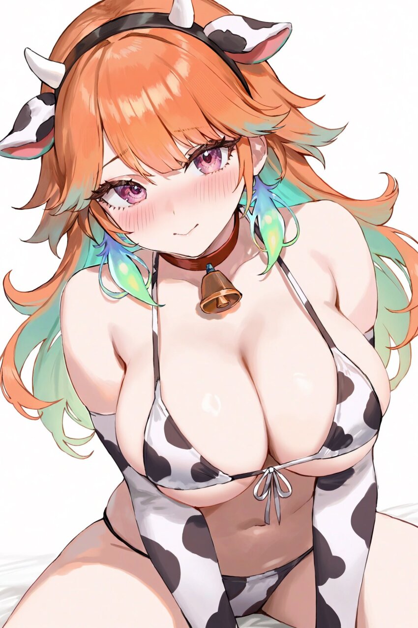 1girl animal_ears animal_print bell bikini blush breasts cow_ears cow_horns cow_print cow_print_bikini cow_print_gloves cowbell curvy elbow_gloves fake_animal_ears fake_horns foame front-tie_bikini_top front-tie_top gloves green_hair highres hololive hololive_english horns large_breasts long_hair looking_at_viewer multicolored_hair navel neck_bell orange_hair pink_eyes print_bikini print_gloves simple_background solo swimsuit takanashi_kiara thick_thighs thighs virtual_youtuber white_background