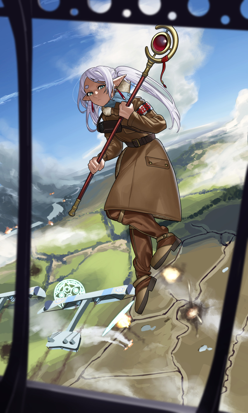 1girl absurdres aerial_battle aircraft airplane alternate_costume armband battle biplane blue_scarf blue_sky bomber boots brown_boots brown_coat buttons camera closed_mouth coat commentary contemporary day earrings elf explosion floating flying frieren full_body fur-trimmed_coat fur_trim green_eyes highres holding holding_staff jewelry long_hair long_sleeves looking_at_viewer mage_staff military military_uniform military_vehicle outdoors parted_bangs pocket pointy_ears pzkpfwi scarf sky solo sousou_no_frieren staff twintails white_hair world_war_i