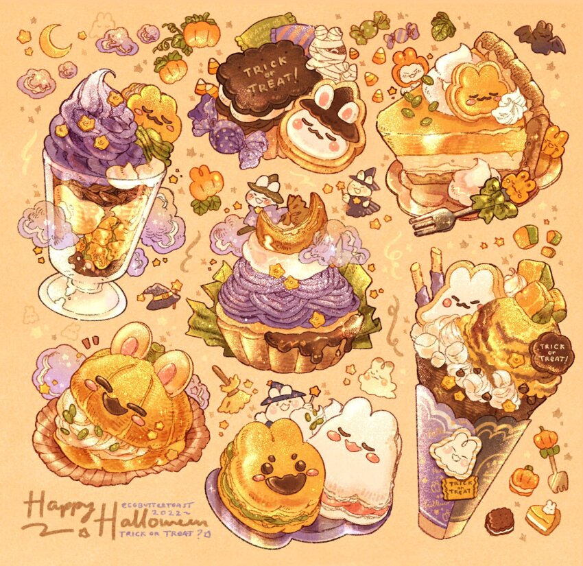 2022 animal-themed_food artist_name bat_(animal) bow broom candy candy_corn cantaloupe cantaloupe_slice commentary crescent_moon english_commentary english_text food food_focus fork fruit ghost glass green_bow halloween happy_halloween hat highres ice_cream ice_cream_cone ice_cream_sandwich macaron melon moon nao_(bestrollever) no_humans orange_background original parfait pie pie_slice plaid_bow plate pocky pumpkin pumpkin_pie rabbit simple_background smoke star_(symbol) star_wand trick_or_treat whipped_cream witch_hat