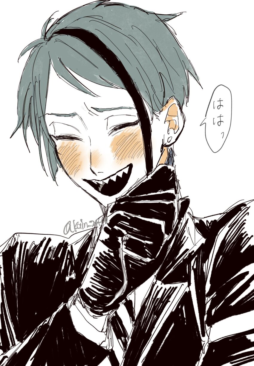 1boy arm_up black_gloves black_hair black_jacket closed_eyes commentary_request formal_clothes gloves grey_hair highres jacket jade_leech kain_2410 lapels laughing layered_sleeves male_focus multicolored_hair notched_lapels open_mouth parted_bangs sharp_teeth short_hair simple_background solo speech_bubble streaked_hair suit_jacket teeth twisted_wonderland twitter_username upper_teeth_only white_background