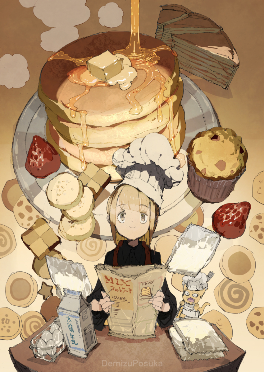 1girl apron blonde_hair chef_hat closed_mouth cookie creature demizu_posuka egg egg_carton flour food food_focus fruit hat highres milk_carton muffin original pancake pancake_stack plate smile strawberry syrup white_apron yellow_eyes