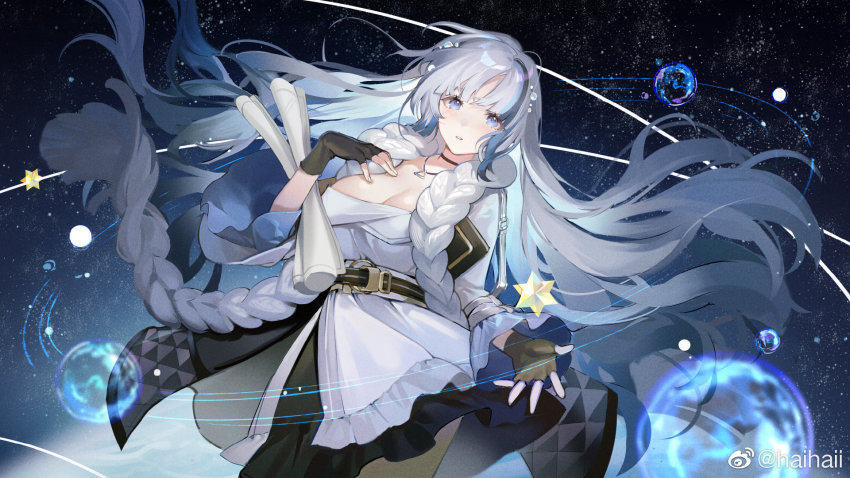 1girl black_gloves blue_eyes blue_hair breasts chinese_commentary cleavage commentary_request cowboy_shot dress fei_(songyijie) fingerless_gloves frilled_dress frills girls&#039;_frontline girls&#039;_frontline_neural_cloud gloves grey_hair hand_on_own_chest highres hubble_(neural_cloud) jewelry large_breasts long_hair looking_at_viewer multicolored_hair necklace orbit solo space star_(sky) watermark weibo_watermark wide_sleeves
