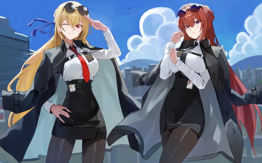 2girls absurdres azur_lane black_coat black_necktie black_pantyhose black_skirt blonde_hair blue_sky breasts closed_mouth coat coat_on_shoulders commission cosplay crossed_bangs eyewear_on_head hand_on_own_hip highres id_card king_george_v_(azur_lane) large_breasts long_hair long_sleeves looking_at_viewer monarch_(azur_lane) monarch_(azur_lane)_(cosplay) monarch_(detective_arriving_on_the_scene)_(azur_lane) multiple_girls necktie official_alternate_costume one_eye_closed outdoors pantyhose pencil_skirt red_eyes red_hair red_necktie riel_(rielilu) salute second-party_source shirt skirt sky two-finger_salute white_shirt