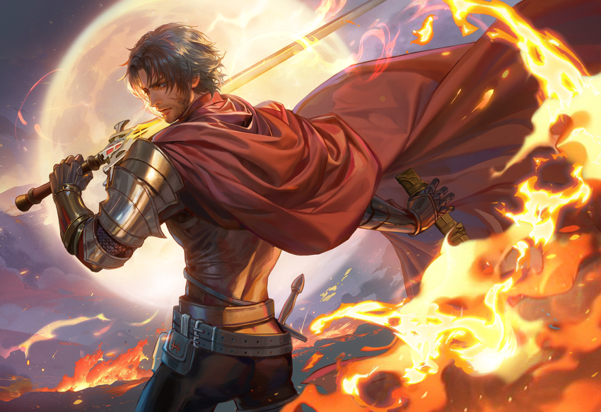 1boy beard_stubble belt black_hair cape clive_rosfield commentary embers english_commentary facial_hair fan_yang_(jiuge) final_fantasy final_fantasy_xvi fire full_moon gauntlets holding holding_sheath holding_sword holding_weapon male_focus moon red_cape scar scar_on_face sheath short_hair solo stubble sword weapon