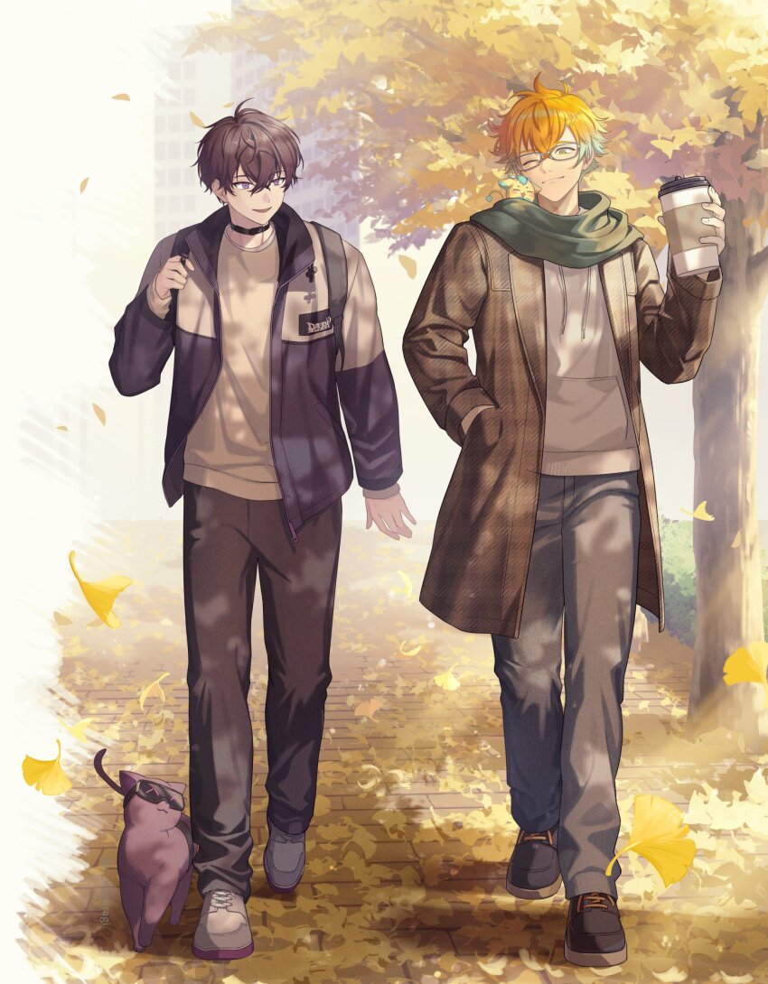 2boys :d ;3 absurdres antenna_hair aqua_eyes aqua_hair artist_name autumn autumn_leaves backpack bag black_choker black_hair black_pants black_shoes brown_coat building bush cat choker closed_mouth coat commentary crossed_bangs cup disposable_coffee_cup disposable_cup drawstring falling_leaves fangs ginkgo_leaf glasses gradient_hair green_scarf grey_pants grey_shoes hair_between_eyes hair_ornament hand_in_pocket hand_up highres holding holding_cup hood hoodie jacket lapels leaf letterman_jacket lightning_bolt lightning_bolt_hair_ornament lightning_bolt_symbol long_sleeves looking_at_another looking_to_the_side male_focus merasugi multicolored_eyes multicolored_hair multicolored_jacket multiple_boys nijisanji on_shoulder one_eye_closed open_clothes open_coat open_jacket open_mouth orange_eyes orange_hair outdoors pants purple_cat purple_eyes purple_jacket saiki_ittetsu scarf shirt shoes short_hair smile sneakers standing symbol-only_commentary tree twitter_username two-tone_eyes two-tone_jacket usami_rito virtual_youtuber walking white-framed_eyewear white_hoodie white_jacket white_shirt