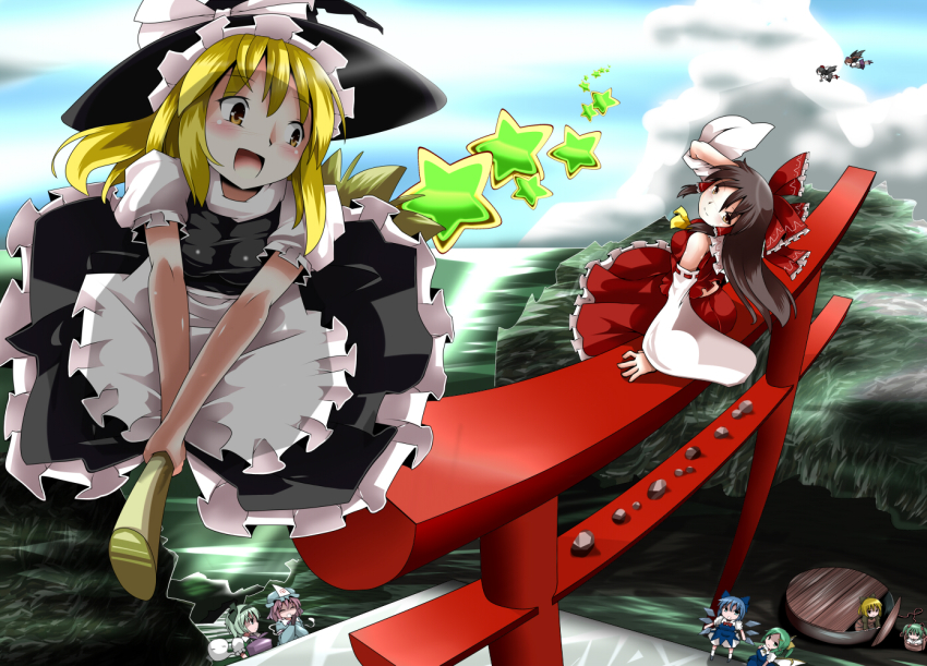 6+girls black_skirt black_wings blue_hair bucket cirno daiyousei detached_sleeves dress geta ghost hair_ribbon hakurei_reimu hat himekaidou_hatate kirisame_marisa kisume konpaku_youmu kurodani_yamame lilish long_hair long_skirt multiple_girls open_mouth petticoat red_skirt ribbon rock saigyouji_yuyuko shameimaru_aya short_hair side_ponytail skirt skirt_set smile star_(symbol) torii touhou well wings witch_hat yellow_eyes