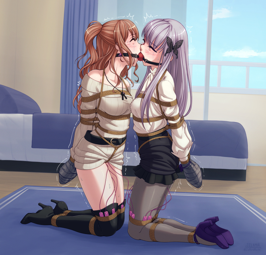 2girls absurdres arms_behind_back ball_gag bang_dream! bdsm bed belt blue_sky blush bondage boots bound butterfly_hair_ornament carpet closed_eyes cloud crotch_rope curtains earrings forced forced_orgasm forced_partners full_body gag hair_ornament high_heels highres imai_lisa indoors jewelry kneeling legs_tied_together long_hair long_sleeves minato_yukina multiple_girls pantyhose remote_control_vibrator second-party_source sex_toy shared_gag sky tagme taped_hands thigh_boots thighs trembling vibrator vibrator_under_clothes window yuri zelamir