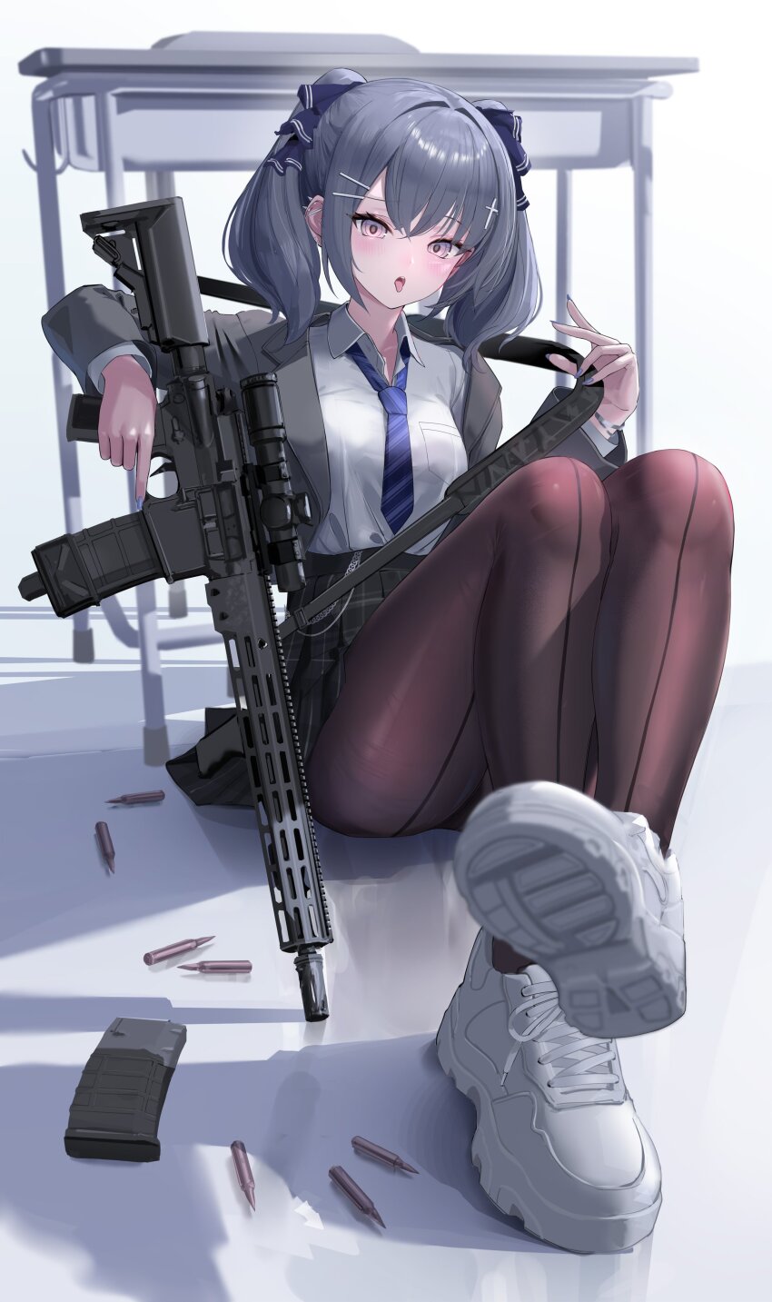1girl absurdres ammunition ar-15 black_skirt blazer blue_nails blue_necktie blush breasts brown_pantyhose collar collared_shirt commentary_request cross_hair_ornament ear_piercing full_body grey_hair gun gun_sling hair_between_eyes hair_ornament hair_ribbon highres holding holding_weapon jacket legs long_hair magazine_(weapon) magpul muzzle_device nail_polish necktie open_mouth optical_sight original pantyhose piercing pink_eyes pleated_skirt revision ribbon rifle shadow shirt shoes sitting skirt small_breasts sneakers solo sthk table thighs tongue tongue_out twintails weapon white_background white_collar white_shirt white_shoes