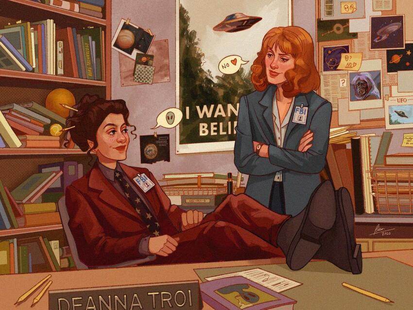 2girls alien book book_stack chair character_request cosplay dana_scully dana_scully_(cosplay) desk flying_saucer fox_mulder fox_mulder_(cosplay) multiple_girls necktie office pen pien-art planet sitting spacecraft star_trek star_trek:_generations star_trek:_the_next_generation ufo uss_enterprise_(star_trek) uss_enterprise_ncc-1701-d
