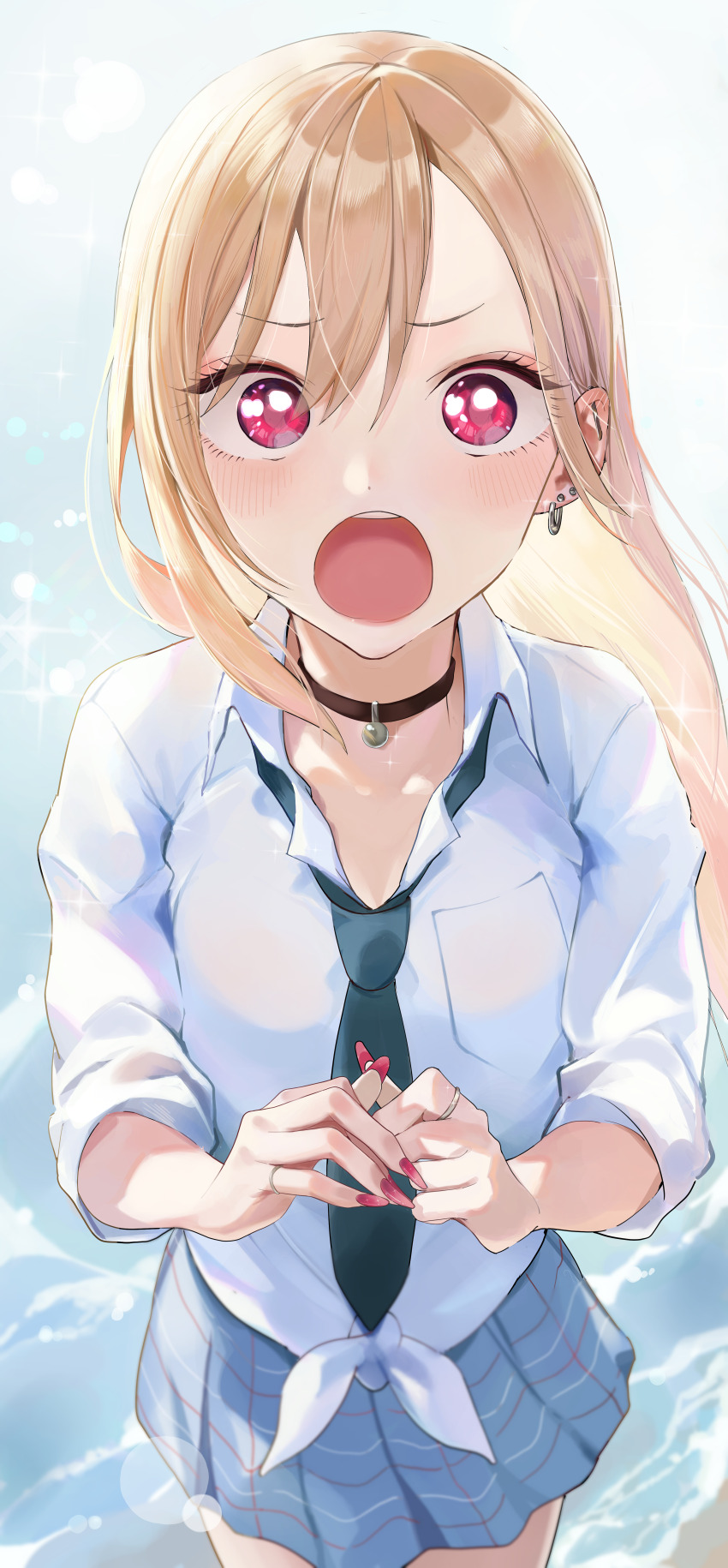 1boy 1girl absurdres akutonoeru black_choker blonde_hair blue_necktie blue_skirt blush choker commentary_request ear_piercing earrings eye_reflection fingernails gojou_wakana gyaru highres jewelry kitagawa_marin long_fingernails long_hair looking_at_another necktie ocean open_mouth outdoors piercing pink_eyes pink_nails reflection ring school_uniform shirt single_earring skirt sono_bisque_doll_wa_koi_wo_suru sparkle sunlight teeth upper_teeth_only white_shirt