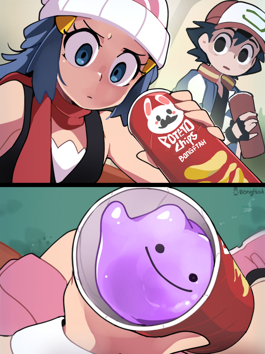 1boy 1girl absurdres annoyed ash_ketchum beanie blue_eyes blue_hair bongfill boots dawn_(pokemon) ditto gen_1_pokemon hat highres holding looking_at_viewer matching_hair/eyes nintendo o_o pink_boots pokemon pokemon_(anime) pokemon_(creature) pokemon_dppt_(anime) pov pringles pringles_can red_scarf scarf signature slime_(creature) smile white_hat