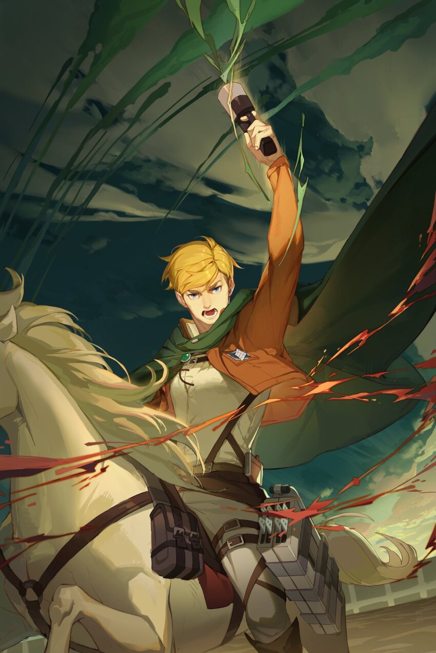 1boy animal arm_up belt belt_buckle blonde_hair blue_eyes bolo_tie boots brown_belt brown_boots brown_jacket buckle cape commentary_request erurikitto erwin_smith green_cape highres holding horse horseback_riding jacket long_sleeves looking_at_viewer male_focus open_clothes open_jacket open_mouth pants paradis_military_uniform riding shingeki_no_kyojin shirt shirt_tucked_in solo suspenders teeth thigh_belt thigh_strap three-dimensional_maneuver_gear v-shaped_eyebrows white_pants white_shirt