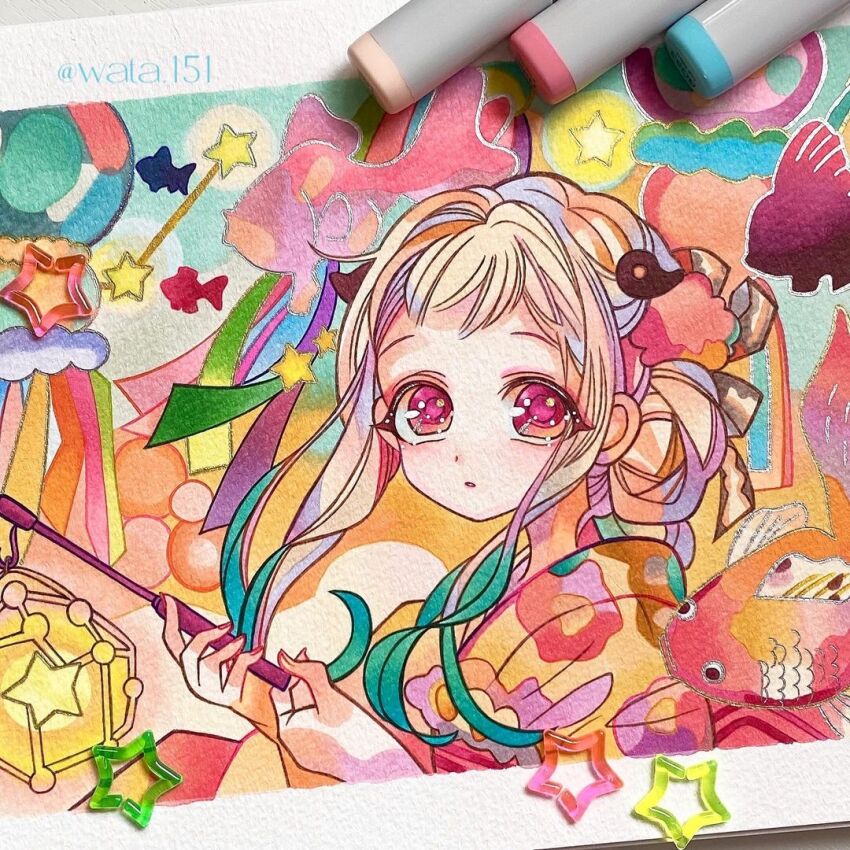1girl artist_name commentary_request derivative_work facing_viewer fingernails hair_behind_ear hair_bun hair_ornament hair_ribbon hands_up holding holding_lantern instagram_username japanese_clothes jibaku_shounen_hanako-kun kimono lantern looking_at_viewer magatama magatama_hair_ornament marker_(medium) multicolored_hair official_style parted_lips portrait red_eyes ribbon short_bangs sidelocks single_hair_bun solo tanabata traditional_media updo wata.151 watermark white_hair yashiro_nene