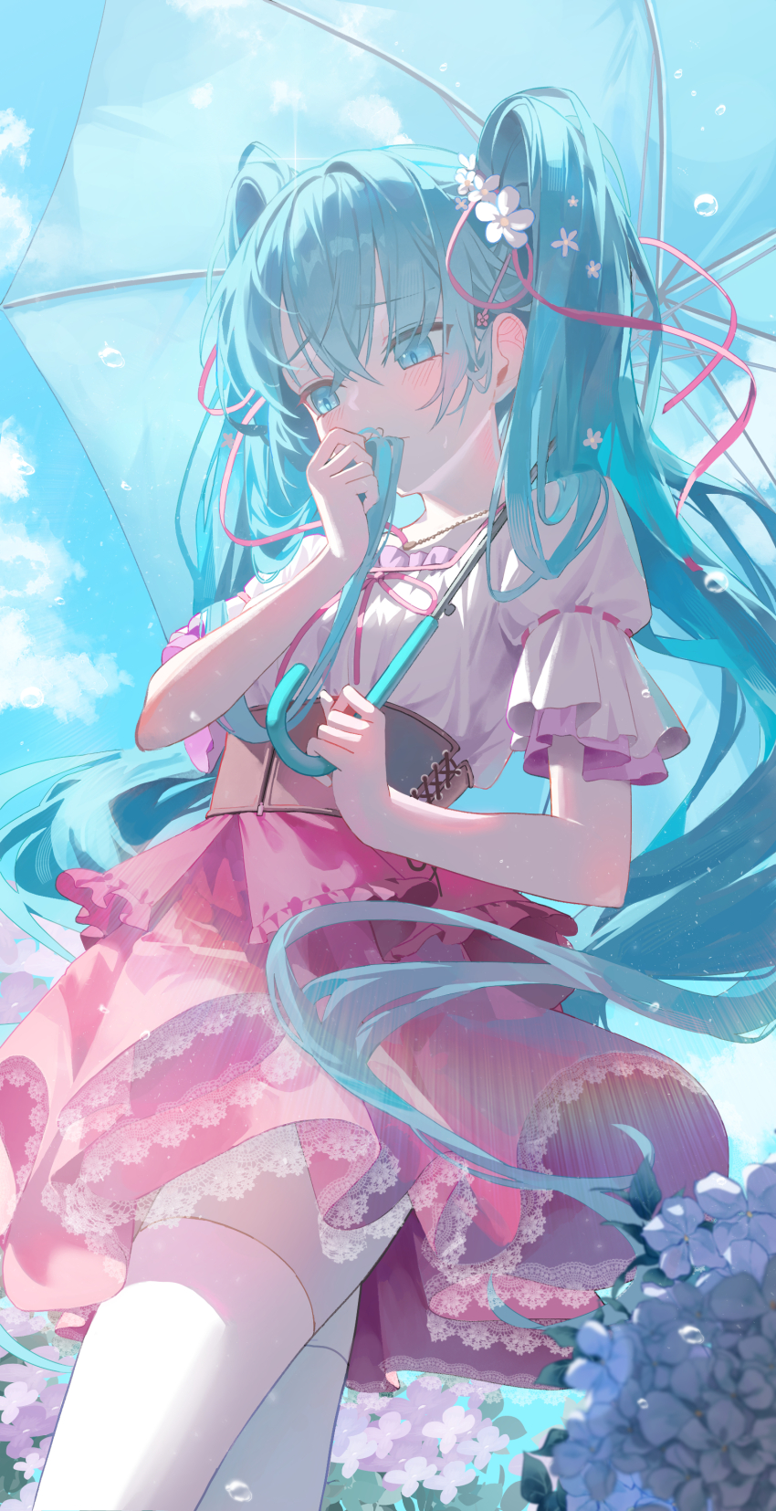 1girl absurdres blue_eyes blue_hair blue_sky blush bow cloud cloudy_sky commentary covered_mouth crossed_bangs day dress ear_blush flower flower_hairtie frills grabbing_own_hair hair_between_eyes hair_flower hair_ornament hair_ribbon hatsune_miku highres holding holding_umbrella hydrangea jewelry lace_trim layered_dress light_rays looking_down melt_(vocaloid) necklace nun_nu outdoors pink_bow pink_dress pink_ribbon puffy_sleeves revision ribbon see-through_clothes short_sleeves sidelocks single_hair_intake sky solo thighhighs twintails umbrella vocaloid water_drop white_flower white_thighhighs white_umbrella