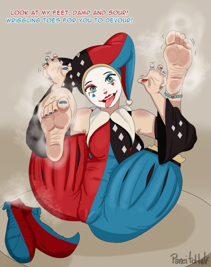 1girl bare_shoulders barefoot english_text feet fingernails flexible foot_focus hat highres jester jester_cap jester_shoes long_fingernails looking_at_viewer makeup motion_lines multicolored_nails nail_polish no_shoes original pancitohalf presenting_foot signature simple_background smell soles steaming_body sweat teeth toe_scrunch toenail_polish toenails toes tongue tongue_out upper_teeth_only