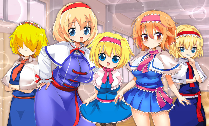 5girls :d alice_margatroid arms_under_breasts black_bow black_bowtie blonde_hair blue_dress blue_eyes blush boots bow bowtie breasts brown_footwear capelet closed_mouth collared_capelet commentary_request cookie_(touhou) cowboy_shot cross-laced_footwear curtsey dress flat_chest frilled_bowtie frilled_capelet frilled_dress frilled_hairband frilled_necktie frilled_sash frills grin hair_between_eyes hair_over_eyes hairband hand_on_own_chin hand_on_own_hip highres hinase_(cookie) ichigo_(cookie) indoors jigen_(cookie) large_breasts leaning_forward lets0020 long_bangs looking_at_viewer multiple_girls necktie open_mouth orange_eyes orange_hair pink_bow pink_bowtie pink_hairband pink_necktie pink_sash red_hairband red_necktie red_sash revision sakuranbou_(cookie) sash sharp_teeth short_hair smile sparkle taisa_(cookie) teeth touhou v v-shaped_eyebrows white_capelet