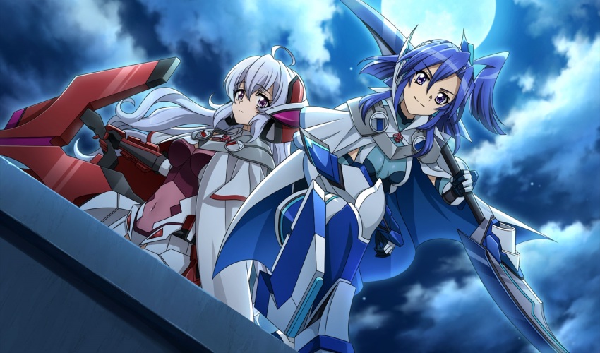 2girls alternate_hair_length alternate_hairstyle armored_boots armored_gloves artist_request blue_eyes blue_hair bodysuit boots cape elbow_gloves eyelashes full_moon glaive_(polearm) gloves grey_hair hair_ornament happy headgear high_ponytail high_side_ponytail highres kazanari_tsubasa kazanari_tsubasa_(another) long_hair looking_at_viewer moon multiple_girls night night_sky official_art polearm ponytail purple_eyes senki_zesshou_symphogear senki_zesshou_symphogear_xd_unlimited short_hair side_ponytail sky smile source_request standing weapon yukine_chris yukine_chris_(another)