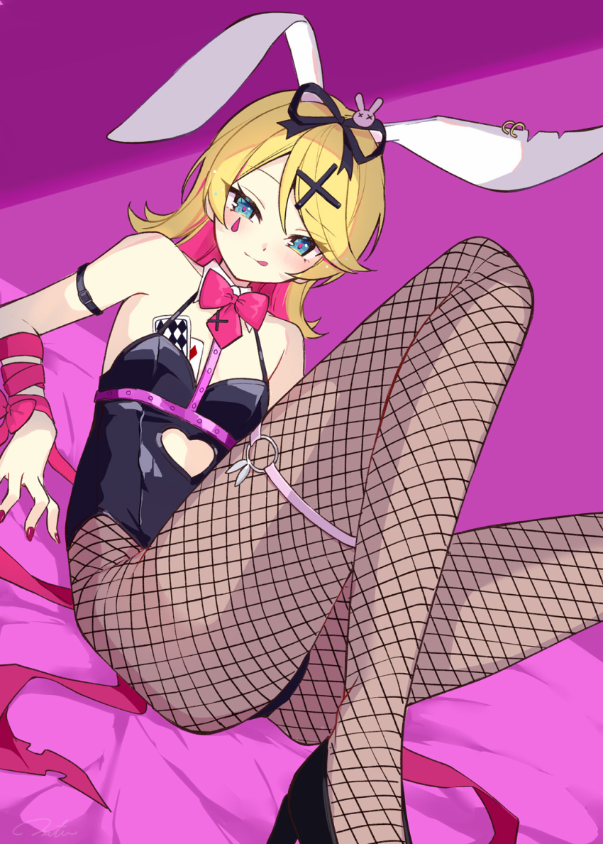 1girl animal_ears animal_hair_ornament aqua_eyes arm_ribbon bare_shoulders bed_sheet black_leotard blonde_hair bow bowtie breasts card cutout_above_navel detached_collar diamond_(shape) dutch_angle fake_animal_ears fishnet_pantyhose fishnets flat_chest hair_ornament hairclip half-closed_eyes hazuki_natsu highleg highleg_leotard highres kagamine_rin leotard licking_lips looking_at_viewer medium_hair multicolored_hair naughty_face necktie pantyhose pink_background pink_pupils playboy_bunny rabbit_hole_(vocaloid) red_bow red_bowtie red_nails red_necktie ribbon short_necktie skinny small_breasts smike solo spaghetti_strap streaked_hair swept_bangs teardrop_facial_mark thighs tongue tongue_out tsurime