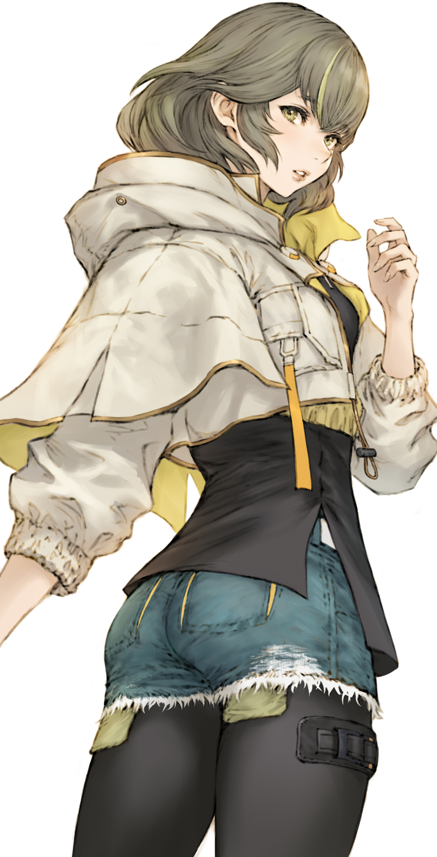1girl ass brown_hair cropped_hoodie cropped_legs denim denim_shorts exposed_pocket final_fantasy final_fantasy_xiv green_eyes highres hood hoodie hyur leggings_under_shorts looking_at_viewer looking_back makimura_shunsuke multicolored_hair pantyhose parted_lips short_shorts shorts simple_background solo sphene_(ff14) streaked_hair