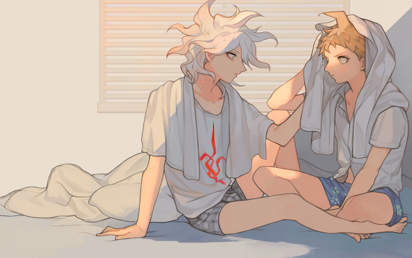 2boys ahoge blanket blue_male_underwear brown_hair collarbone collared_shirt danganronpa_(series) danganronpa_2:_goodbye_despair dress_shirt grey_hair hand_up hinata_hajime komaeda_nagito male_focus male_underwear medium_hair messy_hair multiple_boys munya_(pic) pillow plaid_clothes plaid_male_underwear print_shirt shirt short_sleeves sitting towel underwear wet wet_hair