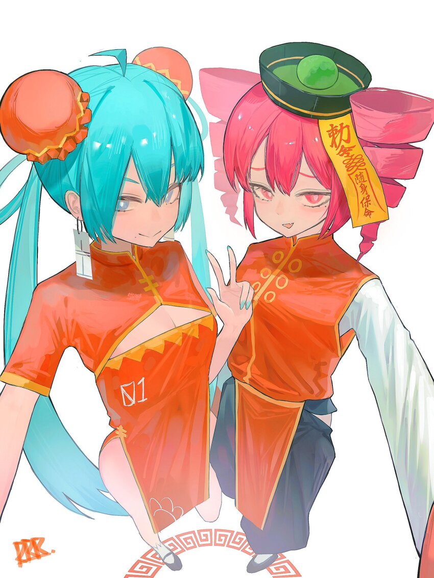 2girls alternate_costume black_pants black_shoes blue_hair blue_nails breasts bright_pupils china_dress chinese_clothes cleavage cleavage_cutout clothing_cutout dress drill_hair earrings fang fingernails full_body hat hatsune_miku highres jewelry kasane_teto lewenxijian long_hair long_sleeves mary_janes mole multiple_girls odochina_(vocaloid) ofuda ofuda_on_head open_mouth pants red_eyes shirt shoes short_sleeves skin_fang small_breasts smile standing thighs twin_drills twintails utau very_long_hair vocaloid w white_pupils white_shirt