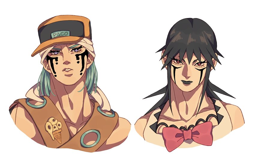 2boys absurdres baseball_cap belt black_hair black_lips blue_hair bow brown_belt charming_man commentary cropped_shoulders facial_mark food_print hat highres hood hood_down ice_cream_print jojo_no_kimyou_na_bouken male_focus medium_hair multiple_boys orange_hat paco_laburantes parted_lips pink_bow purple_eyes red_eyes shoulder_belt simple_background siniy symbol-only_commentary teeth the_jojolands white_background