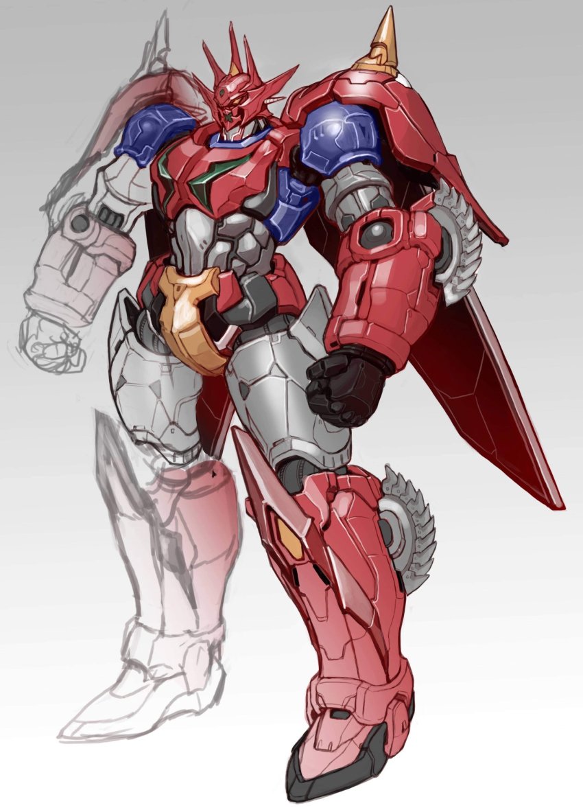 clenched_hands getter_dragon getter_robo getter_robo_g gradient_background grey_background highres maeda_hiroyuki mecha mecha_focus orange_eyes robot science_fiction sketch solo standing super_robot unfinished