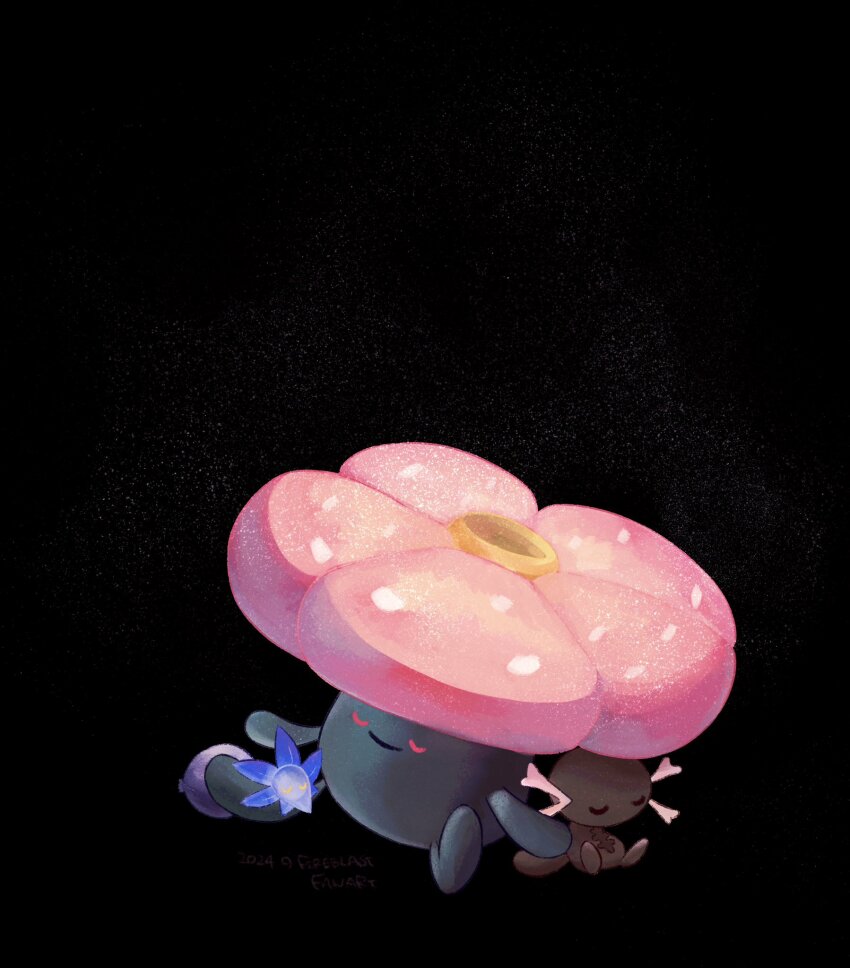 black_background blue_skin closed_eyes colored_skin dark_skin fireblast flower game_freak gen_1_pokemon glimmet highres nintendo no_humans paldean_wooper pokemon pokemon_(creature) rafflesia_(flower) simple_background sitting sleeping vileplume