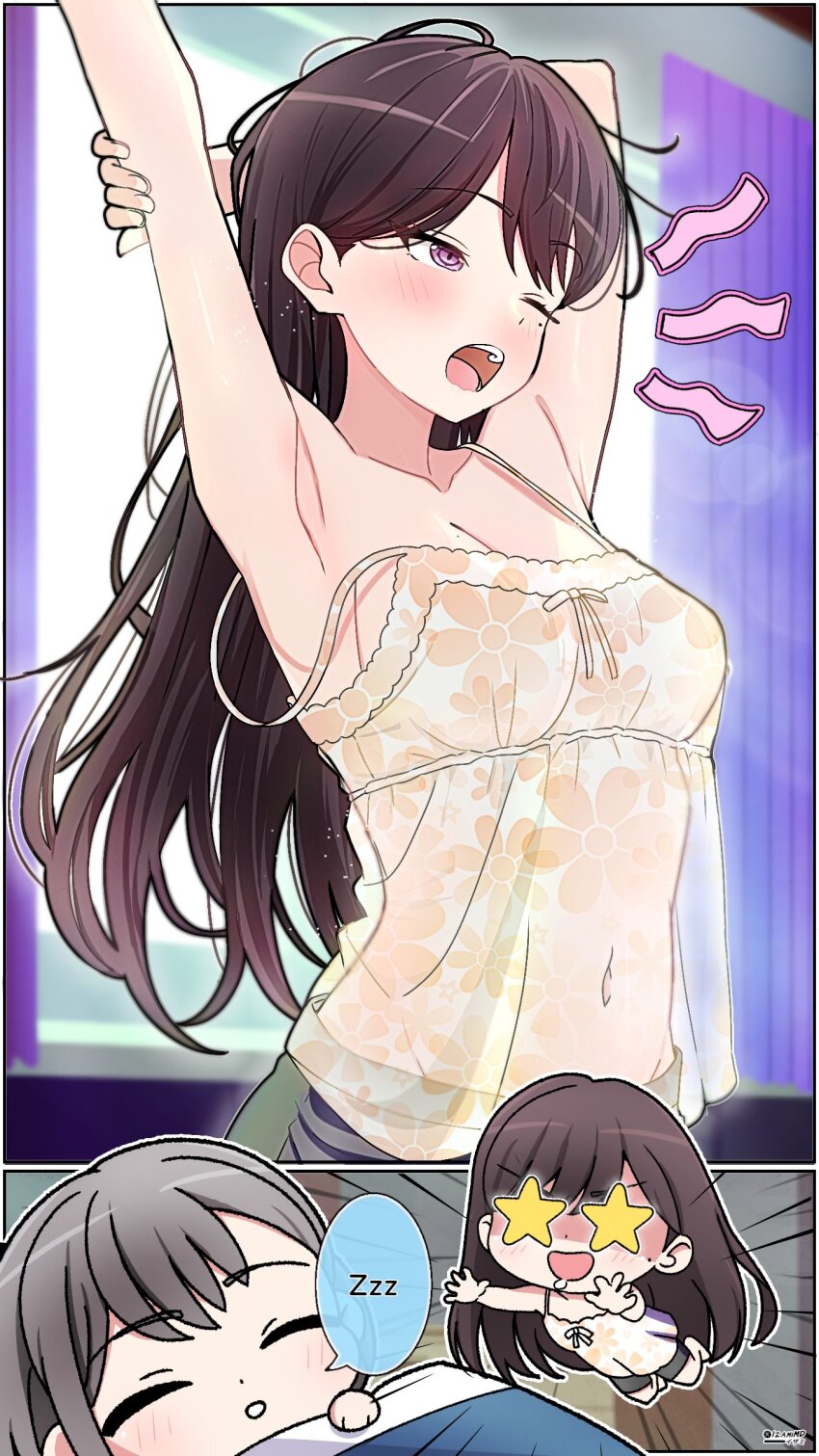 2girls absurdres armpits bang_dream! bang_dream!_it&#039;s_mygo!!!!! black_hair black_shorts blush breasts cleavage commentary english_commentary grey_hair highres izami_md long_hair medium_breasts mole mole_on_breast mole_under_eye multiple_girls navel nightgown one_eye_closed open_mouth purple_eyes see-through_clothes shiina_taki short_hair shorts sleeping star-shaped_pupils star_(symbol) strap_slip symbol-shaped_pupils takamatsu_tomori teeth