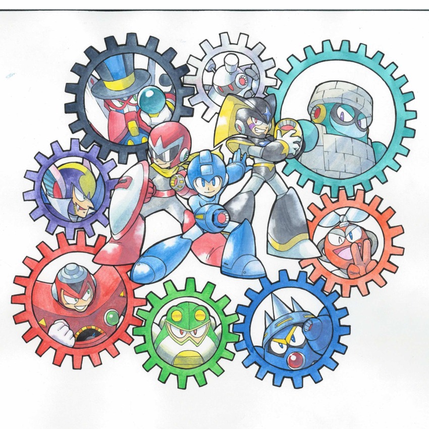 13ban ;d absurdres arm_cannon bass_(mega_man) block_man blue_eyes brown_eyes character_request clenched_hand cut_man facial_mark fang fighting_stance galaxy_man gears gloves gravity_man green_eyes grin helmet highres looking_at_another looking_at_viewer magic_man mega_man_&amp;_bass mega_man_(character) mega_man_(classic) mega_man_(series) mega_man_1 mega_man_11 mega_man_2 mega_man_3 mega_man_4 mega_man_5 mega_man_7 mega_man_9 millipen_(medium) needle_man one_eye_closed open_mouth pen_(medium) proto_man purple_eyes red_eyes robot scarf shade_man shield sideways_glance smile standing stone_man toad_man traditional_media v watercolor_pencil_(medium) weapon white_gloves yellow_scarf