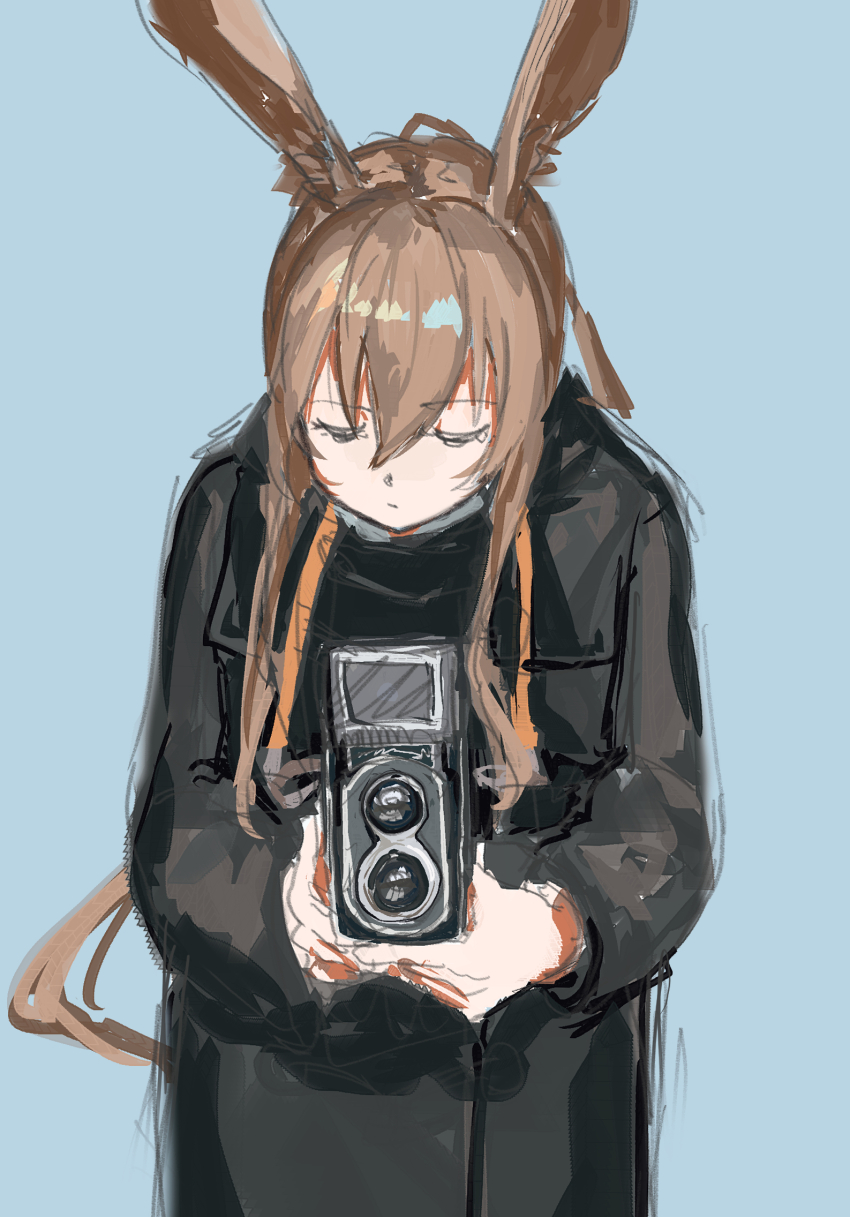1girl amiya_(arknights) animal_ears arknights black_coat blue_background brown_hair camera closed_eyes closed_mouth coat cowboy_shot hair_between_eyes highres holding holding_camera leaning_forward long_hair long_sleeves mano_eglu own_hands_together rabbit_ears rabbit_girl simple_background sketch solo standing twin-lens_reflex_camera unfinished