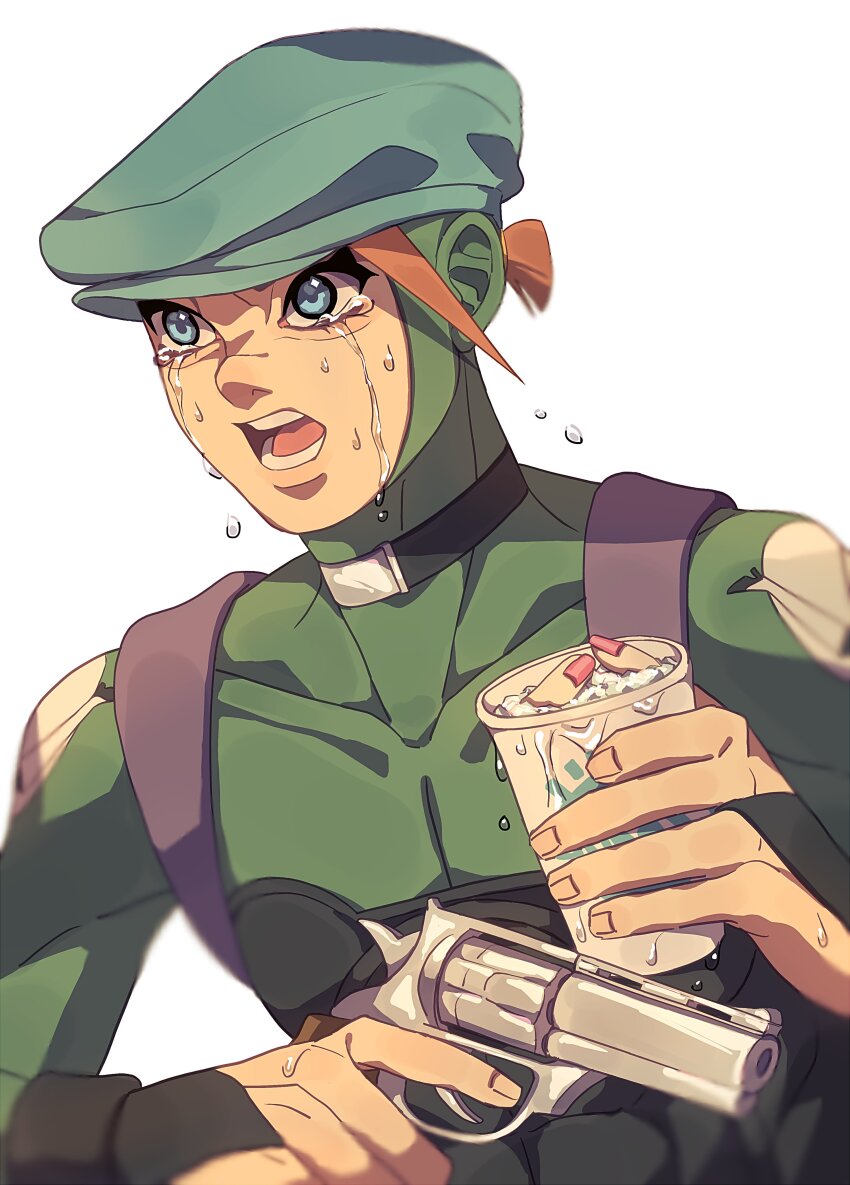 1boy absurdres black_bridal_gauntlets black_choker black_corset blue_eyes blue_hat bodysuit bridal_gauntlets choker corset crying crying_with_eyes_open cup green_bodysuit gun handgun hat highres holding holding_cup holding_gun holding_weapon ice ice_cube jojo_no_kimyou_na_bouken male_focus open_mouth orange_hair revolver siniy solo stand_(jojo) tears the_jojolands usagi_aloha&#039;oe weapon