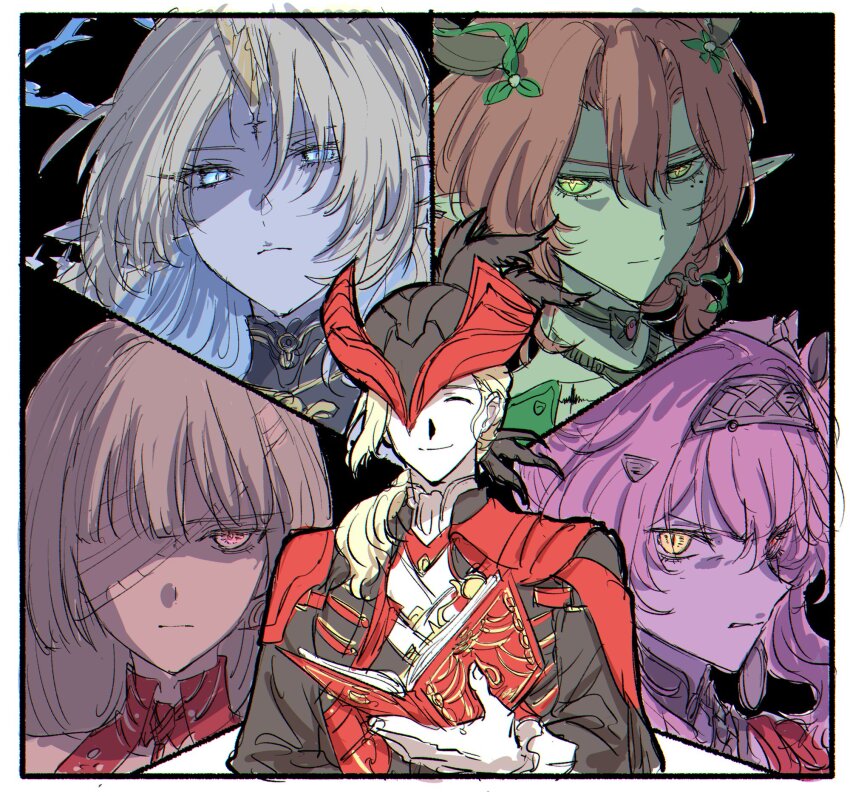 1boy 4girls angry bandage_over_one_eye black_background black_choker black_collar blonde_hair blue_eyes blue_hair book choker ciaccona_(wuthering_waves) closed_eyes closed_mouth collar colored_inner_hair commentary_request cristoforo_(wuthering_waves) crown_of_thorns earrings fleurdelys_(wuthering_waves) floating_earrings green_eyes hair_between_eyes hairband hat highres holding holding_book jewelry looking_at_viewer lupa_(wuthering_waves) medium_hair metal_hairband multicolored_hair multiple_girls open_book phrolova_(wuthering_waves) pink_hair pointy_ears red_eyes red_hair sbs smile tacet_mark_(wuthering_waves) tricorne v-shaped_eyebrows wuthering_waves yellow_eyes yellow_pupils