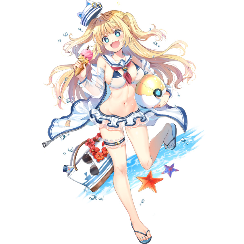 1girl anchor_print animal_ears animal_print aqua_eyes aqua_sandals artist_request badge ball bare_legs bare_shoulders barefoot beachball belt bikini blonde_hair blush boat_print frilled_thigh_strap button_badge cat_ears cat_print coat collarbone dripping fang final_gear flower food full_body glowing hair_intakes hat hat_with_ears hibiscus highres hip_bones holding holding_ball holding_beachball holding_ice_cream_cone horizontal-striped_belt horizontal-striped_bikini horizontal-striped_headwear horizontal-striped_sleeve_cuffs ice_cream ice_cream_cone long_hair loose_hair_strand lotion midriff multicolored_bikini navel neckerchief ocean official_art open_mouth pocket red_neckerchief sailor_collar sailor_hat sandals see-through_clothes see-through_coat see-through_sleeves shyaditty_(final_gear) simple_background skin_fang sleeve_cuffs solo star_(symbol) star_in_eye striped_collar sunscreen swimsuit symbol_in_eye tachi-e thigh_belt thigh_strap third-party_source toenails tongue transparent_background twintails two-tone_bag two-tone_belt two-tone_bikini two-tone_collar two-tone_hat two-tone_sleeve_cuffs two_side_up very_long_hair wafer_stick water water_drop white_bag white_bikini white_coat white_sailor_collar yellow_cat zipper zipper_pull_tab