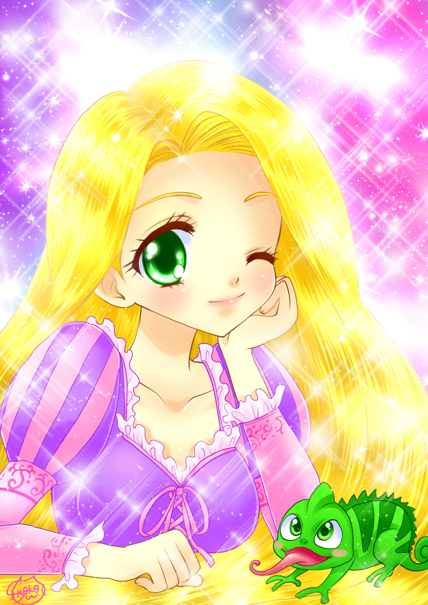 absurdres animification blonde_hair disney dress green_eyes highres long_hair one_eye_closed pascal_(tangled) rapunzel_(disney) rapunzel_(fairy_tale) shoko-tan smile sparkle tangled very_long_hair wink
