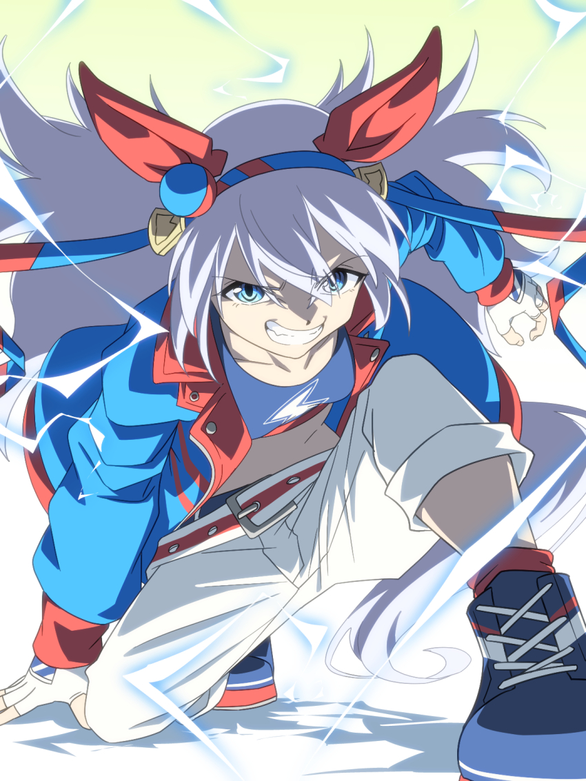 1girl animal_ears baasaku_(balasaku24) blue_eyes blue_jacket blue_shirt blue_shoes commentary ear_covers fingerless_gloves gloves gradient_background green_background grin hairband highres horse_ears horse_girl horse_tail jacket lightning lightning_bolt_symbol long_hair multicolored_jacket pants red_jacket shirt shoes smile solo tail tamamo_cross_(umamusume) teeth two-tone_jacket umamusume umamusume:_cinderella_gray white_background white_gloves white_hair white_pants