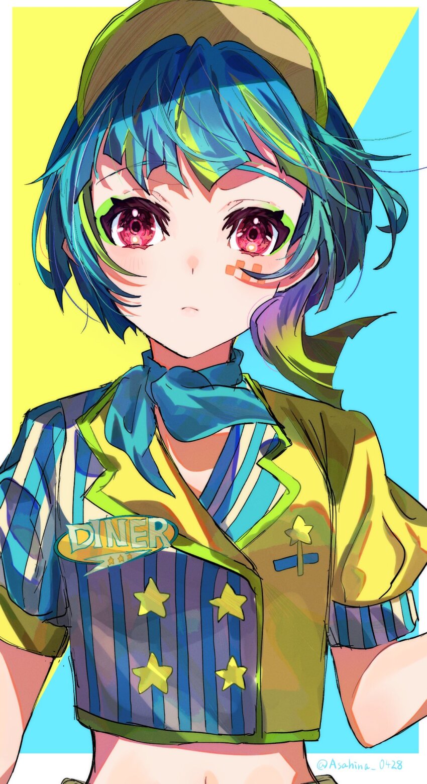 1girl asahina_(asahina_0428) blue_hair blue_neckerchief blunt_bangs closed_mouth clothes_writing commentary_request cropped_shirt eyeshadow facial_mark gradient_hair green_eyeshadow green_hair highres looking_at_viewer makeup mika_pikazo_(style) multicolored_hair neckerchief omega_auru omega_auru_(primagista) pink_eyes pretty_series puffy_short_sleeves puffy_sleeves short_hair short_sleeves solo streaked_hair two-tone_shirt upper_body visor_cap waccha_primagi! waitress wind