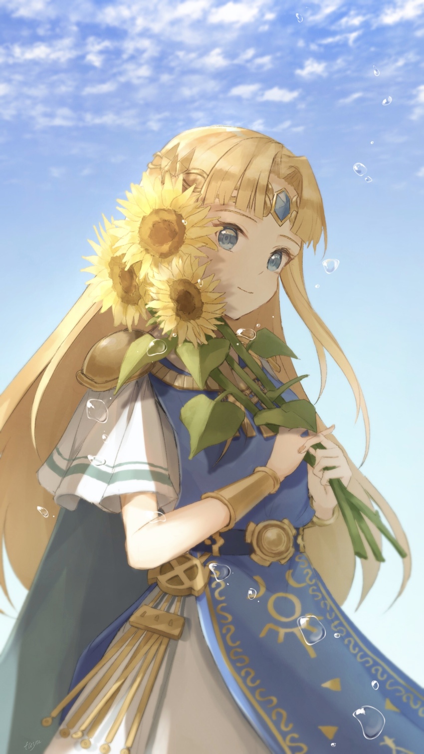 1girl absurdres alternate_color armor belt blonde_hair blue_eyes blue_gemstone blue_sky bracer circlet closed_mouth cloud cowboy_shot day dress flower forehead_jewel gem highres holding holding_flower jewelry long_hair necklace nintendo outdoors parted_bangs pauldrons princess_zelda short_sleeves shoulder_armor sky smile solo straight_hair sunflower super_smash_bros. tabard tete_tuyuten the_legend_of_zelda the_legend_of_zelda:_a_link_between_worlds the_legend_of_zelda:_a_link_to_the_past very_long_hair water_drop white_dress yellow_flower