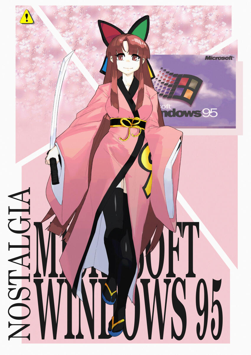 1girl 95-tan absurdres alt_text black_thighhighs bow brown_eyes brown_hair commentary english_commentary hair_bow highres holding holding_sword holding_weapon japanese_clothes katana kimono long_hair looking_at_viewer microsoft_windows os-tan pink_kimono sandals smile solo sword teku-a-fool thighhighs weapon windows_95 windows_classic