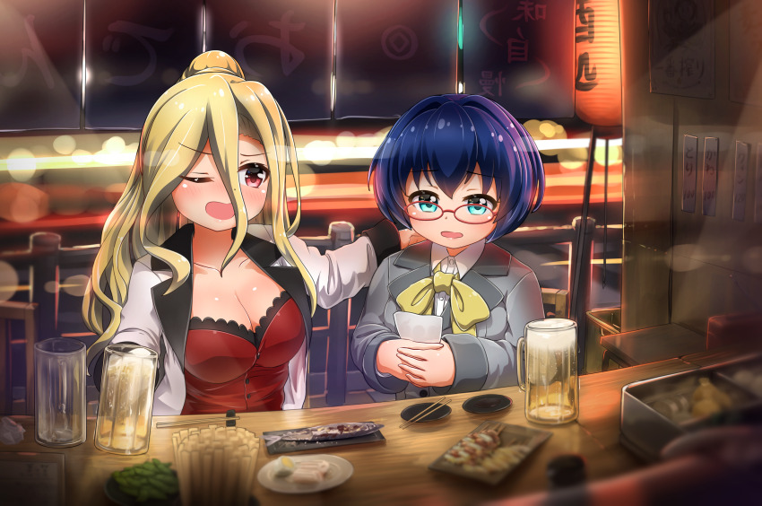 2girls absurdres battle_girl_high_school blonde_hair blue_eyes blue_hair bow breasts chopsticks cleavage cup drunk food_stand glasses grey_jacket hair_between_eyes highres holding jacket lantern mitsurugi_furan multiple_girls one_eye_closed open_mouth paper_lantern red-framed_eyewear red_shirt shirt short_hair sitting tamanegi_(12030028) white_shirt yakumo_itsuki yatai yellow_bow