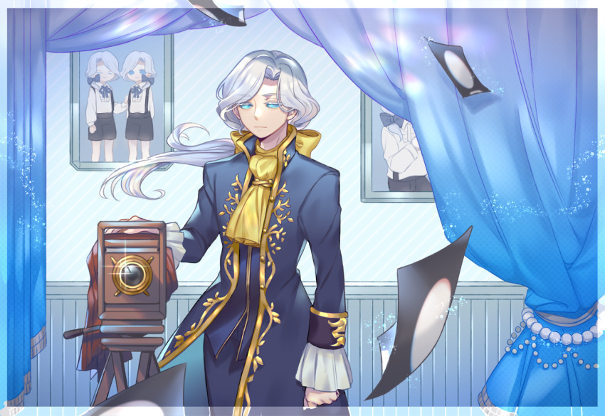 1boy :| ascot bellows_camera blue_coat blue_eyes blue_pants blue_vest border bow camera claude_desaulniers closed_mouth coat cowboy_shot curtained_hair curtains expressionless frilled_sleeves frills glint gold_trim hair_bow identity_v indoors joseph_desaulniers light_particles long_hair long_sleeves looking_away low_ponytail male_focus open_clothes open_coat pants photo_(object) picture_frame ponytail sansai_toritori sleeve_cuffs sleeves_past_wrists solid_eyes solo swept_bangs transparent_border vest white_hair yellow_ascot yellow_bow