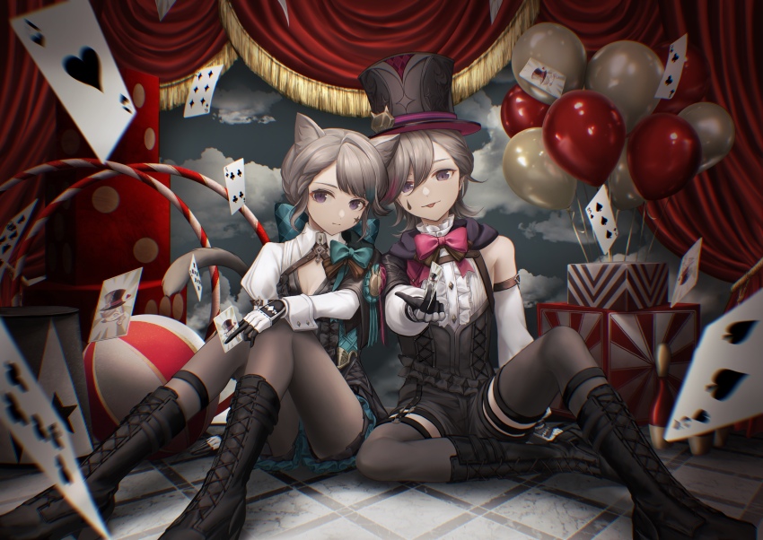 1boy 1girl :p absurdres animal_ears balloon bare_shoulders black_footwear black_headwear black_pantyhose black_thighhighs boots brother_and_sister card cat_ears cat_girl cat_tail closed_mouth curtains detached_sleeves facial_mark genshin_impact hat highres holding holding_card hoop knee_boots lace-up_boots long_hair long_sleeves looking_at_viewer lynette_(genshin_impact) lyney_(genshin_impact) mihaia multicolored_hair on_floor pantyhose shirt siblings sitting star_(symbol) star_facial_mark streaked_hair tail teardrop_facial_mark thighhighs tongue tongue_out top_hat twins two-tone_gloves white_shirt zettai_ryouiki