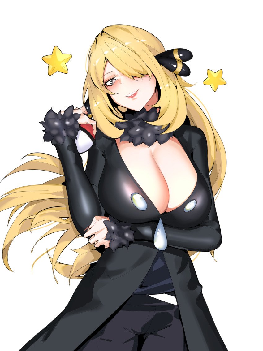 1girl absurdres arm_under_breasts black_pants blonde_hair breasts cleavage cowboy_shot cynthia_(pokemon) fur_collar fur_trim grey_eyes grin hair_over_one_eye highres holding holding_poke_ball khrnnfz large_breasts long_hair looking_at_viewer nintendo pants parted_lips poke_ball poke_ball_(basic) pokemon pokemon_dppt simple_background smile solo very_long_hair white_background