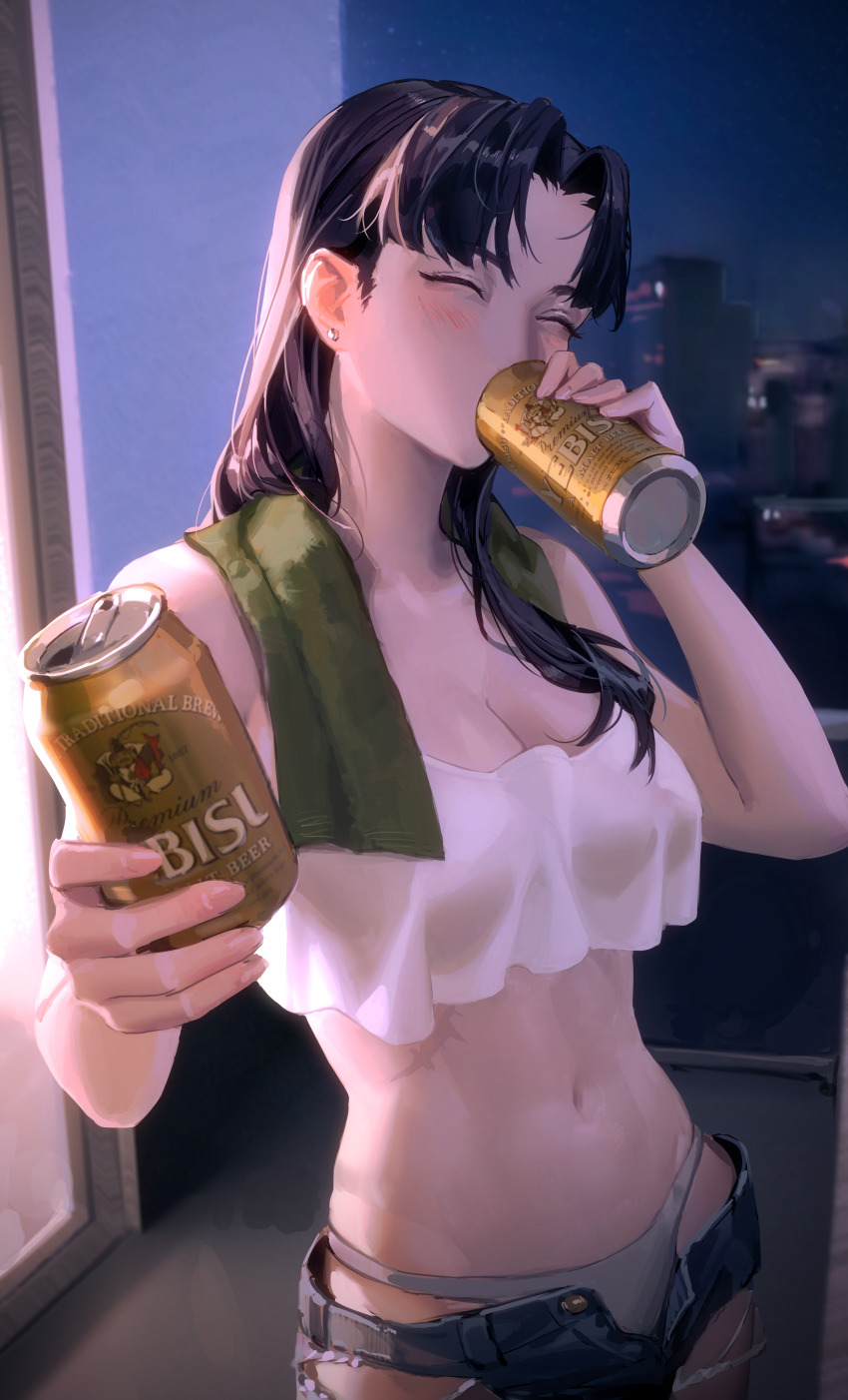 1girl absurdres alcohol balcony beer_can black_hair blush breasts can cityscape cleavage closed_eyes denim denim_shorts drink_can earrings grey_panties grey_pants groin highres jewelry katsuragi_misato large_breasts limart long_hair navel neon_genesis_evangelion night nude outstretched_hand panties pants scar scarf short_shorts shorts solo standing towel towel_around_neck unbuttoned underwear unzipped white_panties yebisu