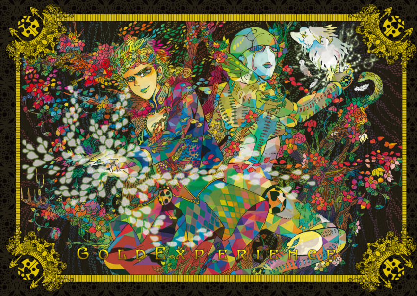 arrow_(jojo) arrow_(projectile) bird braid bug colorful feathers flower frog giorno_giovanna gold_experience insect jojo_no_kimyou_na_bouken ladybug lipstick makeup male_focus multicolored_hair nosuke_(umiboshi) petals plant ponytail snake stand_(jojo) tree vento_aureo