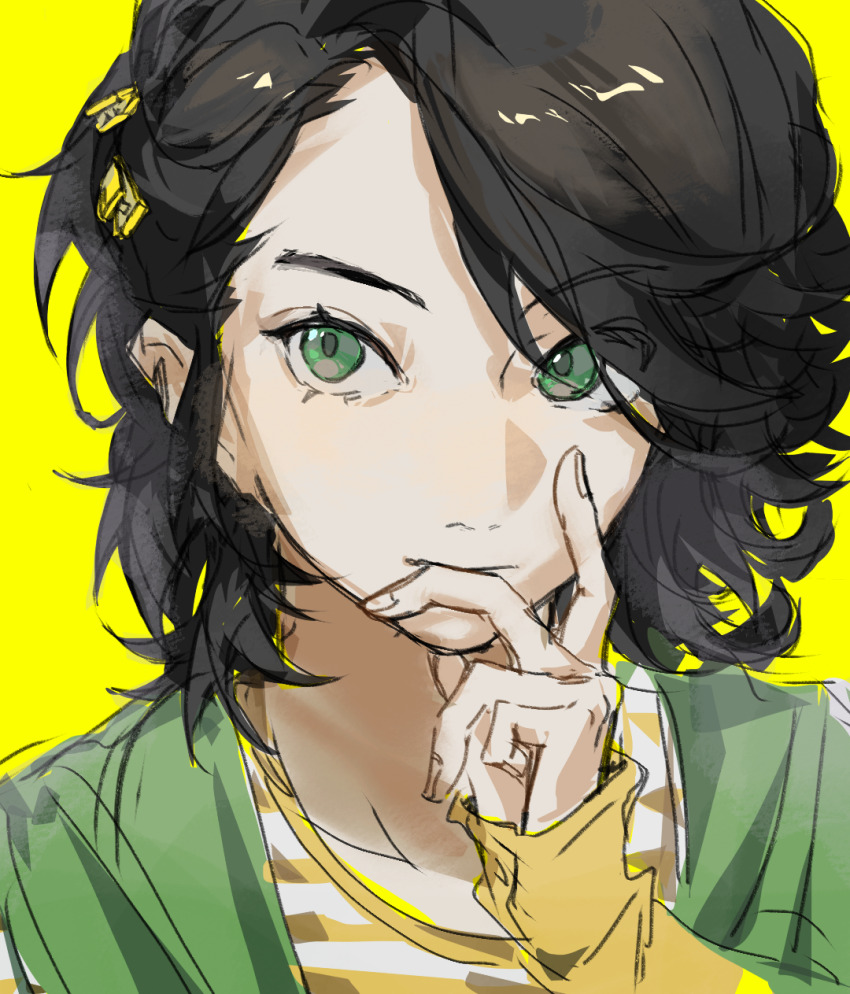 1boy black_hair chinese_commentary closed_mouth commentary_request eyes_visible_through_hair gouzhiyi green_eyes green_jacket hand_on_own_face highres jacket kamen_rider kamen_rider_w long_sleeves male_focus open_mouth philip_(kamen_rider) portrait shirt simple_background solo striped_clothes striped_shirt yellow_background yellow_shirt
